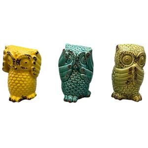 3 Ceramic Owls - Hear, See, Speak No Evil - Yellow Green Teal - Rustic Farmhouse